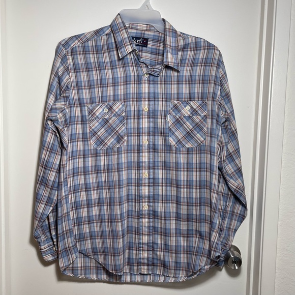 Levi’s Men’s Vintage Button Up Blue White Red Long Sleeves Plaid Lightweight - Picture 2 of 10